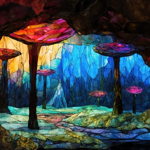 A vibrant and detailed fantasy photograph of an alien planet. Where every element appears meticulously crafted from iridescent stained glass. From a cave system, dominated by towering crystals, giant bioluminescent mushrooms, in all shapes and sizes, that glow in vibrant iridescent colors. A stream of iridescent blue water, flows down the center of the cave from a waterfall, off in the distance. The alien flora, vibrantly colored, attracting alien insects, like nothing you've ever seen. Glow worms hang down from the ceiling, emitting the entire spectrum of the rainbow in colors, they seem to dance and blend as if they are connected. Outside the cave system, the sky shimmers with a breathtaking aurora borealis that fills the sky, creating a cosmic spectacle of galaxies, nebulae, and radiant starlight, in this nighttime landscape.