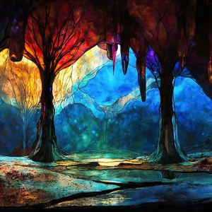 A vibrant and detailed fantasy photograph of an alien planet. Where every element appears meticulously crafted from iridescent stained glass. From a cave system, dominated by towering crystals, giant bioluminescent mushrooms, in all shapes and sizes, that glow in vibrant iridescent colors. A stream of iridescent blue water, flows down the center of the cave from a waterfall, off in the distance. The alien flora, vibrantly colored, attracting alien insects, like nothing you've ever seen. Glow worms hang down from the ceiling, emitting the entire spectrum of the rainbow in colors, they seem to dance and blend as if they are connected. Outside the cave system, the sky shimmers with a breathtaking aurora borealis that fills the sky, creating a cosmic spectacle of galaxies, nebulae, and radiant starlight, in this nighttime landscape.