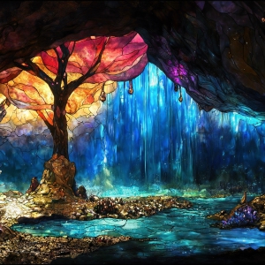 A vibrant and detailed fantasy photograph of an alien planet. Where every element appears meticulously crafted from iridescent stained glass. From a cave system, dominated by towering crystals, giant bioluminescent mushrooms, in all shapes and sizes, that glow in vibrant iridescent colors. A stream of iridescent blue water, flows down the center of the cave from a waterfall, off in the distance. The alien flora, vibrantly colored, attracting alien insects, like nothing you've ever seen. Glow worms hang down from the ceiling, emitting the entire spectrum of the rainbow in colors, they seem to dance and blend as if they are connected. Outside the cave system, the sky shimmers with a breathtaking aurora borealis that fills the sky, creating a cosmic spectacle of galaxies, nebulae, and radiant starlight, in this nighttime landscape.