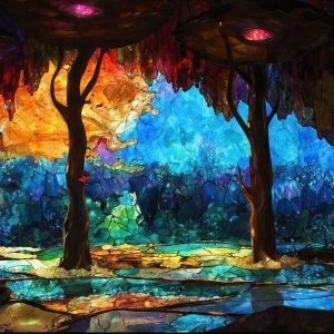 A vibrant and detailed fantasy photograph of an alien planet. Where every element appears meticulously crafted from iridescent stained glass. From a cave system, dominated by towering crystals, giant bioluminescent mushrooms, in all shapes and sizes, that glow in vibrant iridescent colors. A stream of iridescent blue water, flows down the center of the cave from a waterfall, off in the distance. The alien flora, vibrantly colored, attracting alien insects, like nothing you've ever seen. Glow worms hang down from the ceiling, emitting the entire spectrum of the rainbow in colors, they seem to dance and blend as if they are connected. Outside the cave system, the sky shimmers with a breathtaking aurora borealis that fills the sky, creating a cosmic spectacle of galaxies, nebulae, and radiant starlight, in this nighttime landscape.