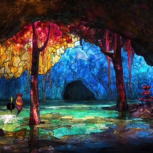 A vibrant and detailed fantasy photograph of an alien planet. Where every element appears meticulously crafted from iridescent stained glass. From a cave system, dominated by towering crystals, giant bioluminescent mushrooms, in all shapes and sizes, that glow in vibrant iridescent colors. A stream of iridescent blue water, flows down the center of the cave from a waterfall, off in the distance. The alien flora, vibrantly colored, attracting alien insects, like nothing you've ever seen. Glow worms hang down from the ceiling, emitting the entire spectrum of the rainbow in colors, they seem to dance and blend as if they are connected. Outside the cave system, the sky shimmers with a breathtaking aurora borealis that fills the sky, creating a cosmic spectacle of galaxies, nebulae, and radiant starlight, in this nighttime landscape.