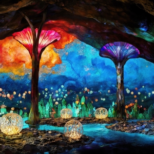 A vibrant and detailed fantasy photograph of an alien planet. Where every element appears meticulously crafted from iridescent stained glass. From a cave system, dominated by towering crystals, giant bioluminescent mushrooms, in all shapes and sizes, that glow in vibrant iridescent colors. A stream of iridescent blue water, flows down the center of the cave from a waterfall, off in the distance. The alien flora, vibrantly colored, attracting alien insects, like nothing you've ever seen. Glow worms hang down from the ceiling, emitting the entire spectrum of the rainbow in colors, they seem to dance and blend as if they are connected. Outside the cave system, the sky shimmers with a breathtaking aurora borealis that fills the sky, creating a cosmic spectacle of galaxies, nebulae, and radiant starlight, in this nighttime landscape.