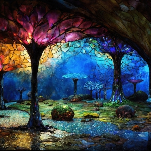 A vibrant and detailed fantasy photograph of an alien planet. Where every element appears meticulously crafted from iridescent stained glass. From a cave system, dominated by towering crystals, giant bioluminescent mushrooms, in all shapes and sizes, that glow in vibrant iridescent colors. A stream of iridescent blue water, flows down the center of the cave from a waterfall, off in the distance. The alien flora, vibrantly colored, attracting alien insects, like nothing you've ever seen. Glow worms hang down from the ceiling, emitting the entire spectrum of the rainbow in colors, they seem to dance and blend as if they are connected. Outside the cave system, the sky shimmers with a breathtaking aurora borealis that fills the sky, creating a cosmic spectacle of galaxies, nebulae, and radiant starlight, in this nighttime landscape.