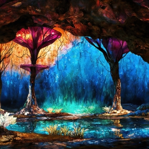 A vibrant and detailed fantasy photograph of an alien planet. Where every element appears meticulously crafted from iridescent stained glass. From a cave system, dominated by towering crystals, giant bioluminescent mushrooms, in all shapes and sizes, that glow in vibrant iridescent colors. A stream of iridescent blue water, flows down the center of the cave from a waterfall, off in the distance. The alien flora, vibrantly colored, attracting alien insects, like nothing you've ever seen. Glow worms hang down from the ceiling, emitting the entire spectrum of the rainbow in colors, they seem to dance and blend as if they are connected. Outside the cave system, the sky shimmers with a breathtaking aurora borealis that fills the sky, creating a cosmic spectacle of galaxies, nebulae, and radiant starlight, in this nighttime landscape.