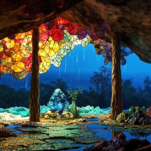 A vibrant and detailed fantasy photograph of an alien planet. Where every element appears meticulously crafted from iridescent stained glass. From a cave system, dominated by towering crystals, giant bioluminescent mushrooms, in all shapes and sizes, that glow in vibrant iridescent colors. A stream of iridescent blue water, flows down the center of the cave from a waterfall, off in the distance. The alien flora, vibrantly colored, attracting alien insects, like nothing you've ever seen. Glow worms hang down from the ceiling, emitting the entire spectrum of the rainbow in colors, they seem to dance and blend as if they are connected. Outside the cave system, the sky shimmers with a breathtaking aurora borealis that fills the sky, creating a cosmic spectacle of galaxies, nebulae, and radiant starlight, in this nighttime landscape.