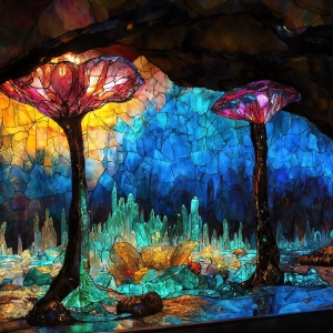 A vibrant and detailed fantasy photograph of an alien planet. Where every element appears meticulously crafted from iridescent stained glass. From a cave system, dominated by towering crystals, giant bioluminescent mushrooms, in all shapes and sizes, that glow in vibrant iridescent colors. A stream of iridescent blue water, flows down the center of the cave from a waterfall, off in the distance. The alien flora, vibrantly colored, attracting alien insects, like nothing you've ever seen. Glow worms hang down from the ceiling, emitting the entire spectrum of the rainbow in colors, they seem to dance and blend as if they are connected. Outside the cave system, the sky shimmers with a breathtaking aurora borealis that fills the sky, creating a cosmic spectacle of galaxies, nebulae, and radiant starlight, in this nighttime landscape.