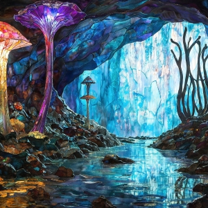 A vibrant and detailed fantasy photograph of an alien planet. Where every element appears meticulously crafted from iridescent stained glass. From a cave system, dominated by towering crystals, giant bioluminescent mushrooms, in all shapes and sizes, that glow in vibrant iridescent colors. A stream of iridescent blue water, flows down the center of the cave from a waterfall, off in the distance. The alien flora, vibrantly colored, attracting alien insects, like nothing you've ever seen. Glow worms hang down from the ceiling, emitting the entire spectrum of the rainbow in colors, they seem to dance and blend as if they are connected. Outside the cave system, the sky shimmers with a breathtaking aurora borealis that fills the sky, creating a cosmic spectacle of galaxies, nebulae, and radiant starlight, in this nighttime landscape.