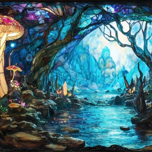A vibrant and detailed fantasy photograph of an alien planet. Where every element appears meticulously crafted from iridescent stained glass. From a cave system, dominated by towering crystals, giant bioluminescent mushrooms, in all shapes and sizes, that glow in vibrant iridescent colors. A stream of iridescent blue water, flows down the center of the cave from a waterfall, off in the distance. The alien flora, vibrantly colored, attracting alien insects, like nothing you've ever seen. Glow worms hang down from the ceiling, emitting the entire spectrum of the rainbow in colors, they seem to dance and blend as if they are connected. Outside the cave system, the sky shimmers with a breathtaking aurora borealis that fills the sky, creating a cosmic spectacle of galaxies, nebulae, and radiant starlight, in this nighttime landscape.