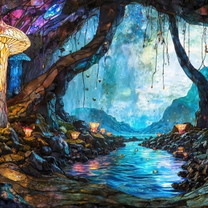 A vibrant and detailed fantasy photograph of an alien planet. Where every element appears meticulously crafted from iridescent stained glass. From a cave system, dominated by towering crystals, giant bioluminescent mushrooms, in all shapes and sizes, that glow in vibrant iridescent colors. A stream of iridescent blue water, flows down the center of the cave from a waterfall, off in the distance. The alien flora, vibrantly colored, attracting alien insects, like nothing you've ever seen. Glow worms hang down from the ceiling, emitting the entire spectrum of the rainbow in colors, they seem to dance and blend as if they are connected. Outside the cave system, the sky shimmers with a breathtaking aurora borealis that fills the sky, creating a cosmic spectacle of galaxies, nebulae, and radiant starlight, in this nighttime landscape.