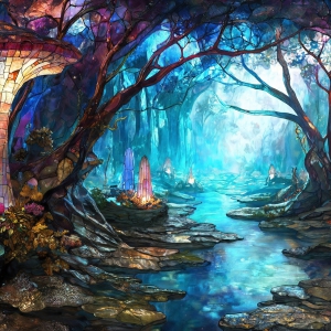 A vibrant and detailed fantasy photograph of an alien planet. Where every element appears meticulously crafted from iridescent stained glass. From a cave system, dominated by towering crystals, giant bioluminescent mushrooms, in all shapes and sizes, that glow in vibrant iridescent colors. A stream of iridescent blue water, flows down the center of the cave from a waterfall, off in the distance. The alien flora, vibrantly colored, attracting alien insects, like nothing you've ever seen. Glow worms hang down from the ceiling, emitting the entire spectrum of the rainbow in colors, they seem to dance and blend as if they are connected. Outside the cave system, the sky shimmers with a breathtaking aurora borealis that fills the sky, creating a cosmic spectacle of galaxies, nebulae, and radiant starlight, in this nighttime landscape.