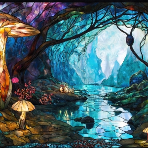A vibrant and detailed fantasy photograph of an alien planet. Where every element appears meticulously crafted from iridescent stained glass. From a cave system, dominated by towering crystals, giant bioluminescent mushrooms, in all shapes and sizes, that glow in vibrant iridescent colors. A stream of iridescent blue water, flows down the center of the cave from a waterfall, off in the distance. The alien flora, vibrantly colored, attracting alien insects, like nothing you've ever seen. Glow worms hang down from the ceiling, emitting the entire spectrum of the rainbow in colors, they seem to dance and blend as if they are connected. Outside the cave system, the sky shimmers with a breathtaking aurora borealis that fills the sky, creating a cosmic spectacle of galaxies, nebulae, and radiant starlight, in this nighttime landscape.