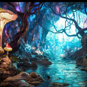 A vibrant and detailed fantasy photograph of an alien planet. Where every element appears meticulously crafted from iridescent stained glass. From a cave system, dominated by towering crystals, giant bioluminescent mushrooms, in all shapes and sizes, that glow in vibrant iridescent colors. A stream of iridescent blue water, flows down the center of the cave from a waterfall, off in the distance. The alien flora, vibrantly colored, attracting alien insects, like nothing you've ever seen. Glow worms hang down from the ceiling, emitting the entire spectrum of the rainbow in colors, they seem to dance and blend as if they are connected. Outside the cave system, the sky shimmers with a breathtaking aurora borealis that fills the sky, creating a cosmic spectacle of galaxies, nebulae, and radiant starlight, in this nighttime landscape.
