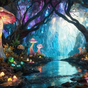 A vibrant and detailed fantasy photograph of an alien planet. Where every element appears meticulously crafted from iridescent stained glass. From a cave system, dominated by towering crystals, giant bioluminescent mushrooms, in all shapes and sizes, that glow in vibrant iridescent colors. A stream of iridescent blue water, flows down the center of the cave from a waterfall, off in the distance. The alien flora, vibrantly colored, attracting alien insects, like nothing you've ever seen. Glow worms hang down from the ceiling, emitting the entire spectrum of the rainbow in colors, they seem to dance and blend as if they are connected. Outside the cave system, the sky shimmers with a breathtaking aurora borealis that fills the sky, creating a cosmic spectacle of galaxies, nebulae, and radiant starlight, in this nighttime landscape.