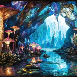 A vibrant and detailed fantasy photograph of an alien planet. Where every element appears meticulously crafted from iridescent stained glass. From a cave system, dominated by towering crystals, giant bioluminescent mushrooms, in all shapes and sizes, that glow in vibrant iridescent colors. A stream of iridescent blue water, flows down the center of the cave from a waterfall, off in the distance. The alien flora, vibrantly colored, attracting alien insects, like nothing you've ever seen. Glow worms hang down from the ceiling, emitting the entire spectrum of the rainbow in colors, they seem to dance and blend as if they are connected. Outside the cave system, the sky shimmers with a breathtaking aurora borealis that fills the sky, creating a cosmic spectacle of galaxies, nebulae, and radiant starlight, in this nighttime landscape.