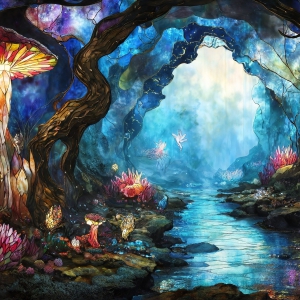 A vibrant and detailed fantasy photograph of an alien planet. Where every element appears meticulously crafted from iridescent stained glass. From a cave system, dominated by towering crystals, giant bioluminescent mushrooms, in all shapes and sizes, that glow in vibrant iridescent colors. A stream of iridescent blue water, flows down the center of the cave from a waterfall, off in the distance. The alien flora, vibrantly colored, attracting alien insects, like nothing you've ever seen. Glow worms hang down from the ceiling, emitting the entire spectrum of the rainbow in colors, they seem to dance and blend as if they are connected. Outside the cave system, the sky shimmers with a breathtaking aurora borealis that fills the sky, creating a cosmic spectacle of galaxies, nebulae, and radiant starlight, in this nighttime landscape.