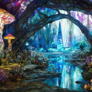 A vibrant and detailed fantasy photograph of an alien planet. Where every element appears meticulously crafted from iridescent stained glass. From a cave system, dominated by towering crystals, giant bioluminescent mushrooms, in all shapes and sizes, that glow in vibrant iridescent colors. A stream of iridescent blue water, flows down the center of the cave from a waterfall, off in the distance. The alien flora, vibrantly colored, attracting alien insects, like nothing you've ever seen. Glow worms hang down from the ceiling, emitting the entire spectrum of the rainbow in colors, they seem to dance and blend as if they are connected. Outside the cave system, the sky shimmers with a breathtaking aurora borealis that fills the sky, creating a cosmic spectacle of galaxies, nebulae, and radiant starlight, in this nighttime landscape.
