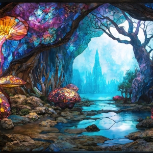A vibrant and detailed fantasy photograph of an alien planet. Where every element appears meticulously crafted from iridescent stained glass. From a cave system, dominated by towering crystals, giant bioluminescent mushrooms, in all shapes and sizes, that glow in vibrant iridescent colors. A stream of iridescent blue water, flows down the center of the cave from a waterfall, off in the distance. The alien flora, vibrantly colored, attracting alien insects, like nothing you've ever seen. Glow worms hang down from the ceiling, emitting the entire spectrum of the rainbow in colors, they seem to dance and blend as if they are connected. Outside the cave system, the sky shimmers with a breathtaking aurora borealis that fills the sky, creating a cosmic spectacle of galaxies, nebulae, and radiant starlight, in this nighttime landscape.