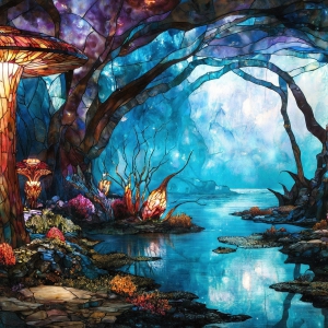 A vibrant and detailed fantasy photograph of an alien planet. Where every element appears meticulously crafted from iridescent stained glass. From a cave system, dominated by towering crystals, giant bioluminescent mushrooms, in all shapes and sizes, that glow in vibrant iridescent colors. A stream of iridescent blue water, flows down the center of the cave from a waterfall, off in the distance. The alien flora, vibrantly colored, attracting alien insects, like nothing you've ever seen. Glow worms hang down from the ceiling, emitting the entire spectrum of the rainbow in colors, they seem to dance and blend as if they are connected. Outside the cave system, the sky shimmers with a breathtaking aurora borealis that fills the sky, creating a cosmic spectacle of galaxies, nebulae, and radiant starlight, in this nighttime landscape.