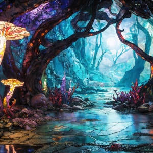 A vibrant and detailed fantasy photograph of an alien planet. Where every element appears meticulously crafted from iridescent stained glass. From a cave system, dominated by towering crystals, giant bioluminescent mushrooms, in all shapes and sizes, that glow in vibrant iridescent colors. A stream of iridescent blue water, flows down the center of the cave from a waterfall, off in the distance. The alien flora, vibrantly colored, attracting alien insects, like nothing you've ever seen. Glow worms hang down from the ceiling, emitting the entire spectrum of the rainbow in colors, they seem to dance and blend as if they are connected. Outside the cave system, the sky shimmers with a breathtaking aurora borealis that fills the sky, creating a cosmic spectacle of galaxies, nebulae, and radiant starlight, in this nighttime landscape.