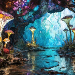 A vibrant and detailed fantasy photograph of an alien planet. Where every element appears meticulously crafted from iridescent stained glass. From a cave system, dominated by towering crystals, giant bioluminescent mushrooms, in all shapes and sizes, that glow in vibrant iridescent colors. A stream of iridescent blue water, flows down the center of the cave from a waterfall, off in the distance. The alien flora, vibrantly colored, attracting alien insects, like nothing you've ever seen. Glow worms hang down from the ceiling, emitting the entire spectrum of the rainbow in colors, they seem to dance and blend as if they are connected. Outside the cave system, the sky shimmers with a breathtaking aurora borealis that fills the sky, creating a cosmic spectacle of galaxies, nebulae, and radiant starlight, in this nighttime landscape.