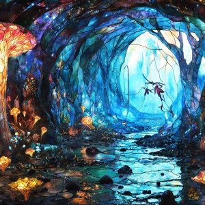 A vibrant and detailed fantasy photograph of an alien planet. Where every element appears meticulously crafted from iridescent stained glass. From a cave system, dominated by towering crystals, giant bioluminescent mushrooms, in all shapes and sizes, that glow in vibrant iridescent colors. A stream of iridescent blue water, flows down the center of the cave from a waterfall, off in the distance. The alien flora, vibrantly colored, attracting alien insects, like nothing you've ever seen. Glow worms hang down from the ceiling, emitting the entire spectrum of the rainbow in colors, they seem to dance and blend as if they are connected. Outside the cave system, the sky shimmers with a breathtaking aurora borealis that fills the sky, creating a cosmic spectacle of galaxies, nebulae, and radiant starlight, in this nighttime landscape.
