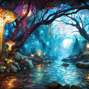 A vibrant and detailed fantasy photograph of an alien planet. Where every element appears meticulously crafted from iridescent stained glass. From a cave system, dominated by towering crystals, giant bioluminescent mushrooms, in all shapes and sizes, that glow in vibrant iridescent colors. A stream of iridescent blue water, flows down the center of the cave from a waterfall, off in the distance. The alien flora, vibrantly colored, attracting alien insects, like nothing you've ever seen. Glow worms hang down from the ceiling, emitting the entire spectrum of the rainbow in colors, they seem to dance and blend as if they are connected. Outside the cave system, the sky shimmers with a breathtaking aurora borealis that fills the sky, creating a cosmic spectacle of galaxies, nebulae, and radiant starlight, in this nighttime landscape.