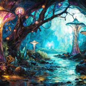 A vibrant and detailed fantasy photograph of an alien planet. Where every element appears meticulously crafted from iridescent stained glass. From a cave system, dominated by towering crystals, giant bioluminescent mushrooms, in all shapes and sizes, that glow in vibrant iridescent colors. A stream of iridescent blue water, flows down the center of the cave from a waterfall, off in the distance. The alien flora, vibrantly colored, attracting alien insects, like nothing you've ever seen. Glow worms hang down from the ceiling, emitting the entire spectrum of the rainbow in colors, they seem to dance and blend as if they are connected. Outside the cave system, the sky shimmers with a breathtaking aurora borealis that fills the sky, creating a cosmic spectacle of galaxies, nebulae, and radiant starlight, in this nighttime landscape.