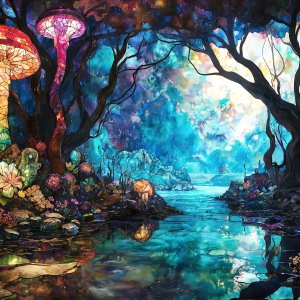 A vibrant and detailed fantasy photograph of an alien planet. Where every element appears meticulously crafted from iridescent stained glass. From a cave system, dominated by towering crystals, giant bioluminescent mushrooms, in all shapes and sizes, that glow in vibrant iridescent colors. A stream of iridescent blue water, flows down the center of the cave from a waterfall, off in the distance. The alien flora, vibrantly colored, attracting alien insects, like nothing you've ever seen. Glow worms hang down from the ceiling, emitting the entire spectrum of the rainbow in colors, they seem to dance and blend as if they are connected. Outside the cave system, the sky shimmers with a breathtaking aurora borealis that fills the sky, creating a cosmic spectacle of galaxies, nebulae, and radiant starlight, in this nighttime landscape.