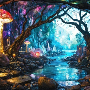 A vibrant and detailed fantasy photograph of an alien planet. Where every element appears meticulously crafted from iridescent stained glass. From a cave system, dominated by towering crystals, giant bioluminescent mushrooms, in all shapes and sizes, that glow in vibrant iridescent colors. A stream of iridescent blue water, flows down the center of the cave from a waterfall, off in the distance. The alien flora, vibrantly colored, attracting alien insects, like nothing you've ever seen. Glow worms hang down from the ceiling, emitting the entire spectrum of the rainbow in colors, they seem to dance and blend as if they are connected. Outside the cave system, the sky shimmers with a breathtaking aurora borealis that fills the sky, creating a cosmic spectacle of galaxies, nebulae, and radiant starlight, in this nighttime landscape.