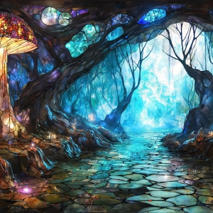 A vibrant and detailed fantasy photograph of an alien planet. Where every element appears meticulously crafted from iridescent stained glass. From a cave system, dominated by towering crystals, giant bioluminescent mushrooms, in all shapes and sizes, that glow in vibrant iridescent colors. A stream of iridescent blue water, flows down the center of the cave from a waterfall, off in the distance. The alien flora, vibrantly colored, attracting alien insects, like nothing you've ever seen. Glow worms hang down from the ceiling, emitting the entire spectrum of the rainbow in colors, they seem to dance and blend as if they are connected. Outside the cave system, the sky shimmers with a breathtaking aurora borealis that fills the sky, creating a cosmic spectacle of galaxies, nebulae, and radiant starlight, in this nighttime landscape.