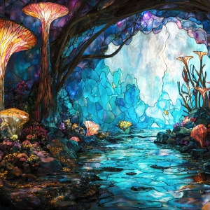 A vibrant and detailed fantasy photograph of an alien planet. Where every element appears meticulously crafted from iridescent stained glass. From a cave system, dominated by towering crystals, giant bioluminescent mushrooms, in all shapes and sizes, that glow in vibrant iridescent colors. A stream of iridescent blue water, flows down the center of the cave from a waterfall, off in the distance. The alien flora, vibrantly colored, attracting alien insects, like nothing you've ever seen. Glow worms hang down from the ceiling, emitting the entire spectrum of the rainbow in colors, they seem to dance and blend as if they are connected. Outside the cave system, the sky shimmers with a breathtaking aurora borealis that fills the sky, creating a cosmic spectacle of galaxies, nebulae, and radiant starlight, in this nighttime landscape.