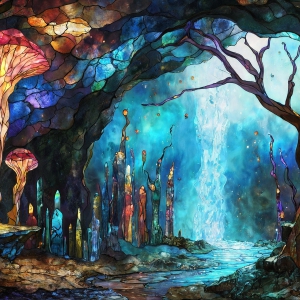 A vibrant and detailed fantasy photograph of an alien planet. Where every element appears meticulously crafted from iridescent stained glass. From a cave system, dominated by towering crystals, giant bioluminescent mushrooms, in all shapes and sizes, that glow in vibrant iridescent colors. A stream of iridescent blue water, flows down the center of the cave from a waterfall, off in the distance. The alien flora, vibrantly colored, attracting alien insects, like nothing you've ever seen. Glow worms hang down from the ceiling, emitting the entire spectrum of the rainbow in colors, they seem to dance and blend as if they are connected. Outside the cave system, the sky shimmers with a breathtaking aurora borealis that fills the sky, creating a cosmic spectacle of galaxies, nebulae, and radiant starlight, in this nighttime landscape.