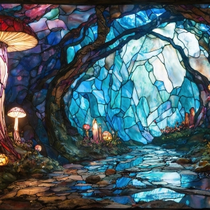 A vibrant and detailed fantasy photograph of an alien planet. Where every element appears meticulously crafted from iridescent stained glass. From a cave system, dominated by towering crystals, giant bioluminescent mushrooms, in all shapes and sizes, that glow in vibrant iridescent colors. A stream of iridescent blue water, flows down the center of the cave from a waterfall, off in the distance. The alien flora, vibrantly colored, attracting alien insects, like nothing you've ever seen. Glow worms hang down from the ceiling, emitting the entire spectrum of the rainbow in colors, they seem to dance and blend as if they are connected. Outside the cave system, the sky shimmers with a breathtaking aurora borealis that fills the sky, creating a cosmic spectacle of galaxies, nebulae, and radiant starlight, in this nighttime landscape.