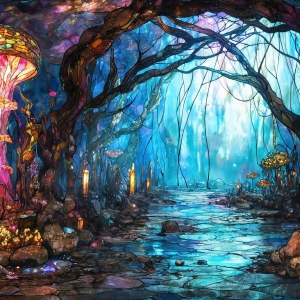 A vibrant and detailed fantasy photograph of an alien planet. Where every element appears meticulously crafted from iridescent stained glass. From a cave system, dominated by towering crystals, giant bioluminescent mushrooms, in all shapes and sizes, that glow in vibrant iridescent colors. A stream of iridescent blue water, flows down the center of the cave from a waterfall, off in the distance. The alien flora, vibrantly colored, attracting alien insects, like nothing you've ever seen. Glow worms hang down from the ceiling, emitting the entire spectrum of the rainbow in colors, they seem to dance and blend as if they are connected. Outside the cave system, the sky shimmers with a breathtaking aurora borealis that fills the sky, creating a cosmic spectacle of galaxies, nebulae, and radiant starlight, in this nighttime landscape.