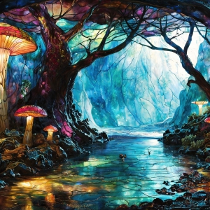 A vibrant and detailed fantasy photograph of an alien planet. Where every element appears meticulously crafted from iridescent stained glass. From a cave system, dominated by towering crystals, giant bioluminescent mushrooms, in all shapes and sizes, that glow in vibrant iridescent colors. A stream of iridescent blue water, flows down the center of the cave from a waterfall, off in the distance. The alien flora, vibrantly colored, attracting alien insects, like nothing you've ever seen. Glow worms hang down from the ceiling, emitting the entire spectrum of the rainbow in colors, they seem to dance and blend as if they are connected. Outside the cave system, the sky shimmers with a breathtaking aurora borealis that fills the sky, creating a cosmic spectacle of galaxies, nebulae, and radiant starlight, in this nighttime landscape.