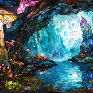 A vibrant and detailed fantasy photograph of an alien planet. Where every element appears meticulously crafted from iridescent stained glass. From a cave system, dominated by towering crystals, giant bioluminescent mushrooms, in all shapes and sizes, that glow in vibrant iridescent colors. A stream of iridescent blue water, flows down the center of the cave from a waterfall, off in the distance. The alien flora, vibrantly colored, attracting alien insects, like nothing you've ever seen. Glow worms hang down from the ceiling, emitting the entire spectrum of the rainbow in colors, they seem to dance and blend as if they are connected. Outside the cave system, the sky shimmers with a breathtaking aurora borealis that fills the sky, creating a cosmic spectacle of galaxies, nebulae, and radiant starlight, in this nighttime landscape.