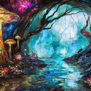 A vibrant and detailed fantasy photograph of an alien planet. Where every element appears meticulously crafted from iridescent stained glass. From a cave system, dominated by towering crystals, giant bioluminescent mushrooms, in all shapes and sizes, that glow in vibrant iridescent colors. A stream of iridescent blue water, flows down the center of the cave from a waterfall, off in the distance. The alien flora, vibrantly colored, attracting alien insects, like nothing you've ever seen. Glow worms hang down from the ceiling, emitting the entire spectrum of the rainbow in colors, they seem to dance and blend as if they are connected. Outside the cave system, the sky shimmers with a breathtaking aurora borealis that fills the sky, creating a cosmic spectacle of galaxies, nebulae, and radiant starlight, in this nighttime landscape.