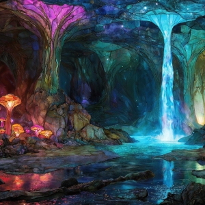 A vibrant and detailed fantasy photograph of an alien planet. Where every element appears meticulously crafted from iridescent stained glass. From a cave system, dominated by towering crystals, giant bioluminescent mushrooms, in all shapes and sizes, that glow in vibrant iridescent colors. A stream of iridescent blue water, flows down the center of the cave from a waterfall, off in the distance. The alien flora, vibrantly colored, attracting alien insects, like nothing you've ever seen. Glow worms hang down from the ceiling, emitting the entire spectrum of the rainbow in colors, they seem to dance and blend as if they are connected. Outside the cave system, the sky shimmers with a breathtaking aurora borealis that fills the sky, creating a cosmic spectacle of galaxies, nebulae, and radiant starlight, in this nighttime landscape.