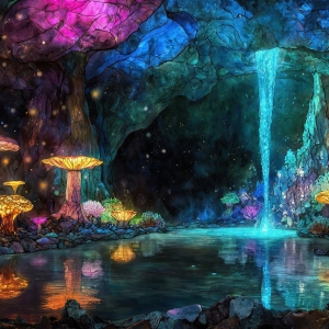 A vibrant and detailed fantasy photograph of an alien planet. Where every element appears meticulously crafted from iridescent stained glass. From a cave system, dominated by towering crystals, giant bioluminescent mushrooms, in all shapes and sizes, that glow in vibrant iridescent colors. A stream of iridescent blue water, flows down the center of the cave from a waterfall, off in the distance. The alien flora, vibrantly colored, attracting alien insects, like nothing you've ever seen. Glow worms hang down from the ceiling, emitting the entire spectrum of the rainbow in colors, they seem to dance and blend as if they are connected. Outside the cave system, the sky shimmers with a breathtaking aurora borealis that fills the sky, creating a cosmic spectacle of galaxies, nebulae, and radiant starlight, in this nighttime landscape.