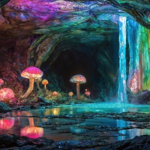 A vibrant and detailed fantasy photograph of an alien planet. Where every element appears meticulously crafted from iridescent stained glass. From a cave system, dominated by towering crystals, giant bioluminescent mushrooms, in all shapes and sizes, that glow in vibrant iridescent colors. A stream of iridescent blue water, flows down the center of the cave from a waterfall, off in the distance. The alien flora, vibrantly colored, attracting alien insects, like nothing you've ever seen. Glow worms hang down from the ceiling, emitting the entire spectrum of the rainbow in colors, they seem to dance and blend as if they are connected. Outside the cave system, the sky shimmers with a breathtaking aurora borealis that fills the sky, creating a cosmic spectacle of galaxies, nebulae, and radiant starlight, in this nighttime landscape.