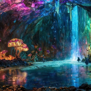 A vibrant and detailed fantasy photograph of an alien planet. Where every element appears meticulously crafted from iridescent stained glass. From a cave system, dominated by towering crystals, giant bioluminescent mushrooms, in all shapes and sizes, that glow in vibrant iridescent colors. A stream of iridescent blue water, flows down the center of the cave from a waterfall, off in the distance. The alien flora, vibrantly colored, attracting alien insects, like nothing you've ever seen. Glow worms hang down from the ceiling, emitting the entire spectrum of the rainbow in colors, they seem to dance and blend as if they are connected. Outside the cave system, the sky shimmers with a breathtaking aurora borealis that fills the sky, creating a cosmic spectacle of galaxies, nebulae, and radiant starlight, in this nighttime landscape.