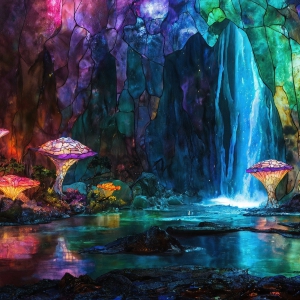 A vibrant and detailed fantasy photograph of an alien planet. Where every element appears meticulously crafted from iridescent stained glass. From a cave system, dominated by towering crystals, giant bioluminescent mushrooms, in all shapes and sizes, that glow in vibrant iridescent colors. A stream of iridescent blue water, flows down the center of the cave from a waterfall, off in the distance. The alien flora, vibrantly colored, attracting alien insects, like nothing you've ever seen. Glow worms hang down from the ceiling, emitting the entire spectrum of the rainbow in colors, they seem to dance and blend as if they are connected. Outside the cave system, the sky shimmers with a breathtaking aurora borealis that fills the sky, creating a cosmic spectacle of galaxies, nebulae, and radiant starlight, in this nighttime landscape.