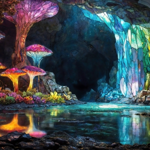 A vibrant and detailed fantasy photograph of an alien planet. Where every element appears meticulously crafted from iridescent stained glass. From a cave system, dominated by towering crystals, giant bioluminescent mushrooms, in all shapes and sizes, that glow in vibrant iridescent colors. A stream of iridescent blue water, flows down the center of the cave from a waterfall, off in the distance. The alien flora, vibrantly colored, attracting alien insects, like nothing you've ever seen. Glow worms hang down from the ceiling, emitting the entire spectrum of the rainbow in colors, they seem to dance and blend as if they are connected. Outside the cave system, the sky shimmers with a breathtaking aurora borealis that fills the sky, creating a cosmic spectacle of galaxies, nebulae, and radiant starlight, in this nighttime landscape.