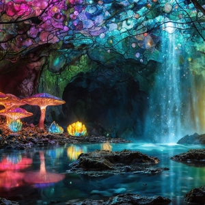 A vibrant and detailed fantasy photograph of an alien planet. Where every element appears meticulously crafted from iridescent stained glass. From a cave system, dominated by towering crystals, giant bioluminescent mushrooms, in all shapes and sizes, that glow in vibrant iridescent colors. A stream of iridescent blue water, flows down the center of the cave from a waterfall, off in the distance. The alien flora, vibrantly colored, attracting alien insects, like nothing you've ever seen. Glow worms hang down from the ceiling, emitting the entire spectrum of the rainbow in colors, they seem to dance and blend as if they are connected. Outside the cave system, the sky shimmers with a breathtaking aurora borealis that fills the sky, creating a cosmic spectacle of galaxies, nebulae, and radiant starlight, in this nighttime landscape.