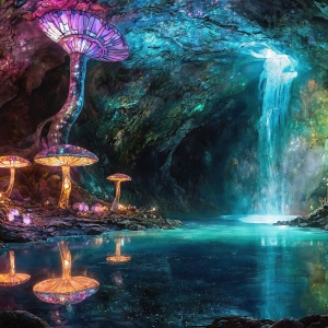 A vibrant and detailed fantasy photograph of an alien planet. Where every element appears meticulously crafted from iridescent stained glass. From a cave system, dominated by towering crystals, giant bioluminescent mushrooms, in all shapes and sizes, that glow in vibrant iridescent colors. A stream of iridescent blue water, flows down the center of the cave from a waterfall, off in the distance. The alien flora, vibrantly colored, attracting alien insects, like nothing you've ever seen. Glow worms hang down from the ceiling, emitting the entire spectrum of the rainbow in colors, they seem to dance and blend as if they are connected. Outside the cave system, the sky shimmers with a breathtaking aurora borealis that fills the sky, creating a cosmic spectacle of galaxies, nebulae, and radiant starlight, in this nighttime landscape.