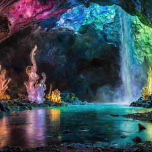 A vibrant and detailed fantasy photograph of an alien planet. Where every element appears meticulously crafted from iridescent stained glass. From a cave system, dominated by towering crystals, giant bioluminescent mushrooms, in all shapes and sizes, that glow in vibrant iridescent colors. A stream of iridescent blue water, flows down the center of the cave from a waterfall, off in the distance. The alien flora, vibrantly colored, attracting alien insects, like nothing you've ever seen. Glow worms hang down from the ceiling, emitting the entire spectrum of the rainbow in colors, they seem to dance and blend as if they are connected. Outside the cave system, the sky shimmers with a breathtaking aurora borealis that fills the sky, creating a cosmic spectacle of galaxies, nebulae, and radiant starlight, in this nighttime landscape.