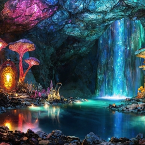 A vibrant and detailed fantasy photograph of an alien planet. Where every element appears meticulously crafted from iridescent stained glass. From a cave system, dominated by towering crystals, giant bioluminescent mushrooms, in all shapes and sizes, that glow in vibrant iridescent colors. A stream of iridescent blue water, flows down the center of the cave from a waterfall, off in the distance. The alien flora, vibrantly colored, attracting alien insects, like nothing you've ever seen. Glow worms hang down from the ceiling, emitting the entire spectrum of the rainbow in colors, they seem to dance and blend as if they are connected. Outside the cave system, the sky shimmers with a breathtaking aurora borealis that fills the sky, creating a cosmic spectacle of galaxies, nebulae, and radiant starlight, in this nighttime landscape.