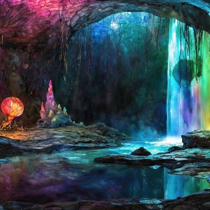 A vibrant and detailed fantasy photograph of an alien planet. Where every element appears meticulously crafted from iridescent stained glass. From a cave system, dominated by towering crystals, giant bioluminescent mushrooms, in all shapes and sizes, that glow in vibrant iridescent colors. A stream of iridescent blue water, flows down the center of the cave from a waterfall, off in the distance. The alien flora, vibrantly colored, attracting alien insects, like nothing you've ever seen. Glow worms hang down from the ceiling, emitting the entire spectrum of the rainbow in colors, they seem to dance and blend as if they are connected. Outside the cave system, the sky shimmers with a breathtaking aurora borealis that fills the sky, creating a cosmic spectacle of galaxies, nebulae, and radiant starlight, in this nighttime landscape.