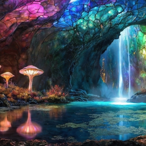 A vibrant and detailed fantasy photograph of an alien planet. Where every element appears meticulously crafted from iridescent stained glass. From a cave system, dominated by towering crystals, giant bioluminescent mushrooms, in all shapes and sizes, that glow in vibrant iridescent colors. A stream of iridescent blue water, flows down the center of the cave from a waterfall, off in the distance. The alien flora, vibrantly colored, attracting alien insects, like nothing you've ever seen. Glow worms hang down from the ceiling, emitting the entire spectrum of the rainbow in colors, they seem to dance and blend as if they are connected. Outside the cave system, the sky shimmers with a breathtaking aurora borealis that fills the sky, creating a cosmic spectacle of galaxies, nebulae, and radiant starlight, in this nighttime landscape.