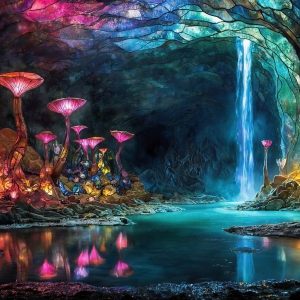 A vibrant and detailed fantasy photograph of an alien planet. Where every element appears meticulously crafted from iridescent stained glass. From a cave system, dominated by towering crystals, giant bioluminescent mushrooms, in all shapes and sizes, that glow in vibrant iridescent colors. A stream of iridescent blue water, flows down the center of the cave from a waterfall, off in the distance. The alien flora, vibrantly colored, attracting alien insects, like nothing you've ever seen. Glow worms hang down from the ceiling, emitting the entire spectrum of the rainbow in colors, they seem to dance and blend as if they are connected. Outside the cave system, the sky shimmers with a breathtaking aurora borealis that fills the sky, creating a cosmic spectacle of galaxies, nebulae, and radiant starlight, in this nighttime landscape.